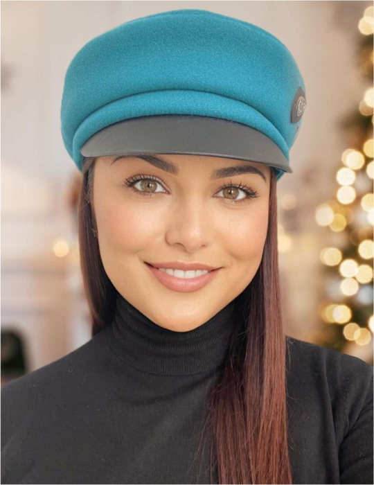 Sapca eleganta din stofa lux cu cozoroc negru din piele (TURCOAZ) - marime UNIVERSALA [3]