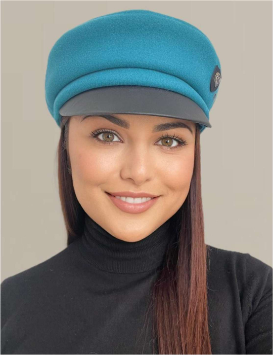 Sapca eleganta din stofa lux cu cozoroc negru din piele (TURCOAZ) - marime UNIVERSALA [5]