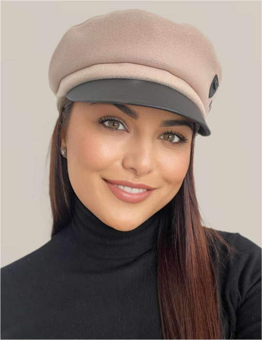 Sapca eleganta din stofa lux cu cozoroc negru din piele (CREM) - marime UNIVERSALA [4]