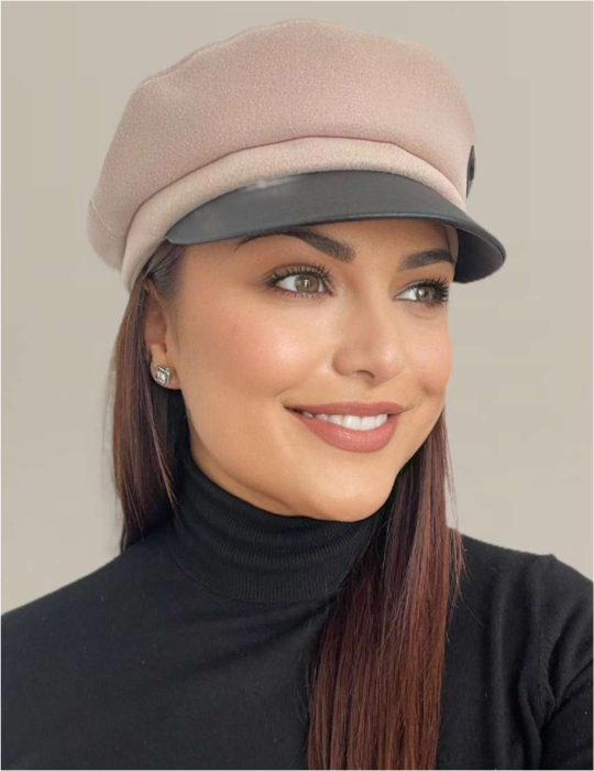 Sapca eleganta din stofa lux cu cozoroc negru din piele (CREM) - marime UNIVERSALA [5]