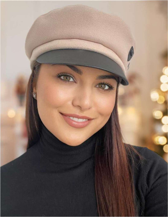 Sapca eleganta din stofa lux cu cozoroc negru din piele (CREM) - marime UNIVERSALA [3]