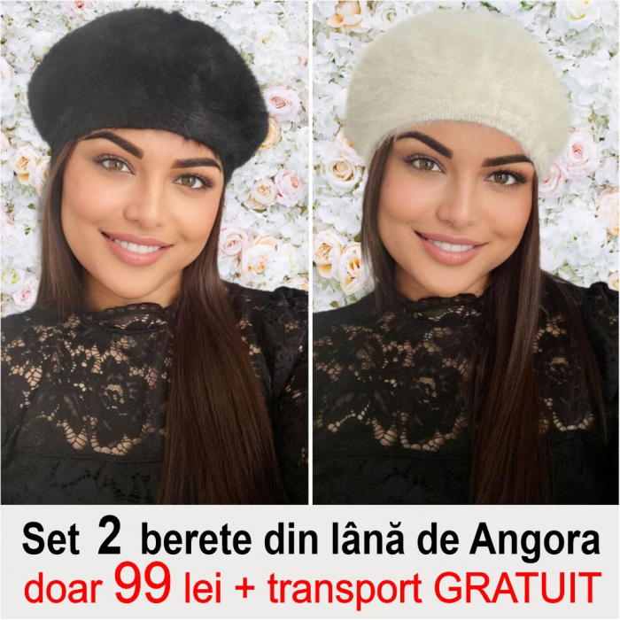 Set 2 berete lux din lana de Angora - Princess Duo (NEGRU+CREM) - marime universala [1]
