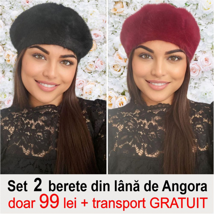 Set 2 berete lux din lana de Angora - Princess Duo (NEGRU+GRENA) - marime universala [1]