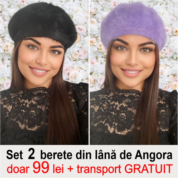 Set 2 berete lux din lana de Angora - Princess Duo (NEGRU+MOV deschis) - marime universala [1]