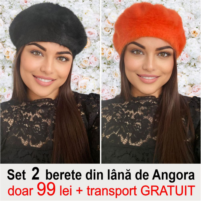 Set 2 berete lux din lana de Angora - Princess Duo (NEGRU+PORTOCALIU) - marime universala [1]
