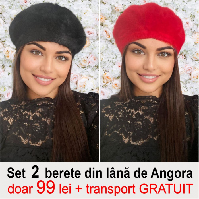 Set 2 berete lux din lana de Angora - Princess Duo (NEGRU+ROSU) - marime universala [1]