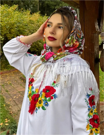 Batic de lux cu franjuri si model traditional cu flori MARIA (ALB cu flori) [1]