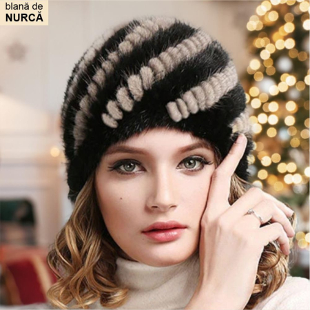 CACIULI NURCA - Caciula din blana de NURCA - Princess Lux (NEGRU+CREM) - marime universala