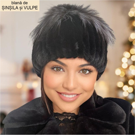 CACIULI BLANA NATURALA - Caciula din blana de sinsila + vulpe Lady Lux (NEGRU+GRI spicat) - marime universala