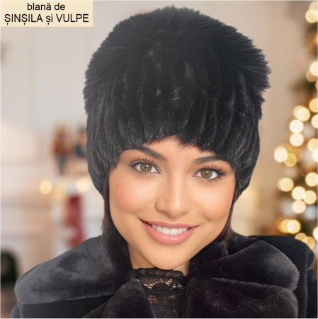 NOUTATI - CACIULI DAMA - Caciula din blana de sinsila + vulpe Lady Lux (NEGRU) - marime universala