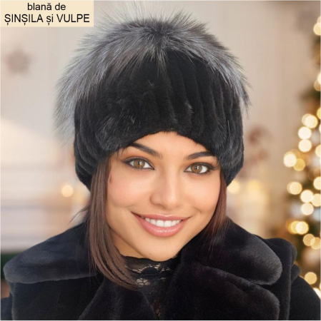 CACIULI BLANA NATURALA - Caciula din blana sinsila + vulpe Lady Lux (NEGRU+GRI/MARO spicat) - marime universala