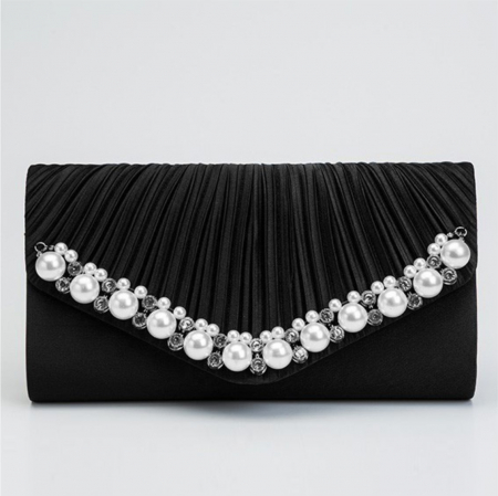 Geanta lux tip plic satinat cu perle si strasuri Lady Chic (NEGRU) [3]