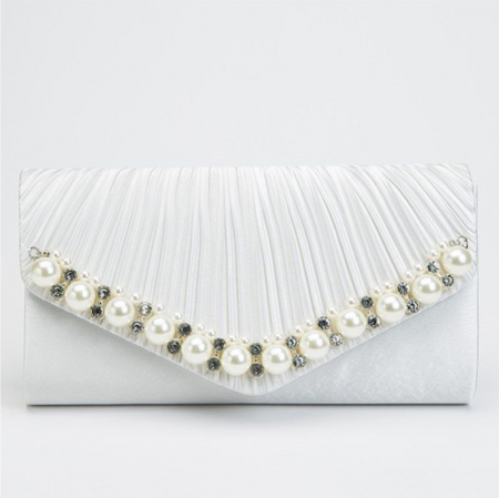 Geanta lux tip plic satinat cu perle si strasuri Lady Chic (ALB sidef) [1]