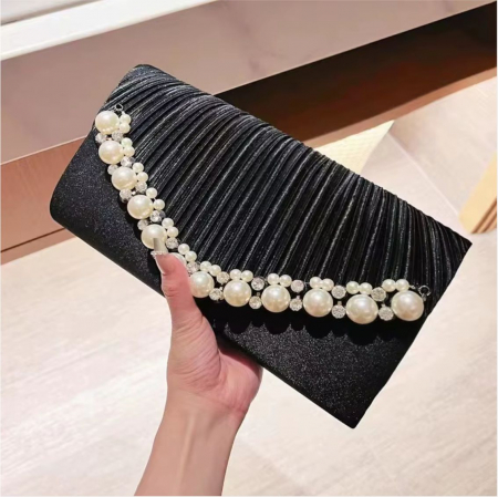 Geanta lux tip plic satinat cu perle si strasuri Lady Chic (NEGRU) [2]