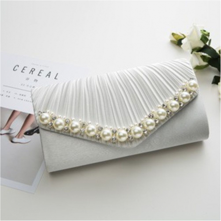 GENTI OCAZIE - Geanta lux tip plic satinat cu perle si strasuri Lady Chic (ALB sidef)