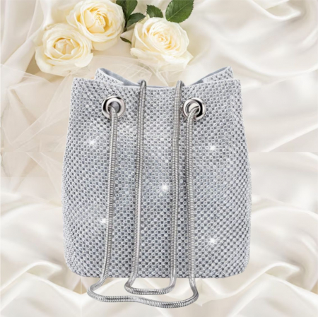 GENTI OCAZIE - Geanta lux de ocazie tip saculet cu cristale BOEMA LUX (ARGINTIU)