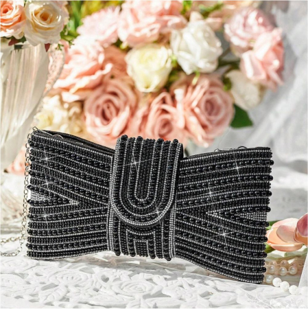 GENTI OCAZIE - Geanta lux in forma de funda cu margele Glamour Lux (NEGRU)