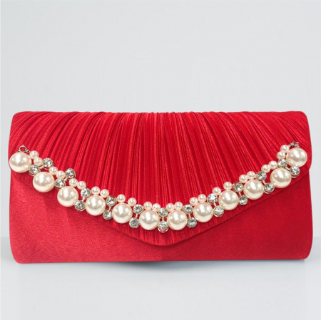 Geanta lux tip plic satinat cu perle si strasuri Lady Chic (ROSU) [1]