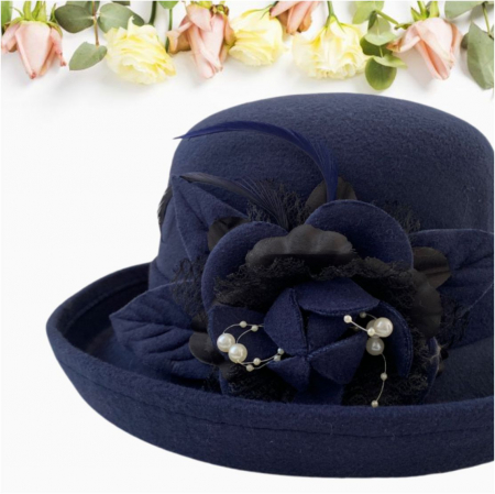 Palarie dama cu boruri elegante si decor luxuriant GLORIOSSA (BLEUMARIN) - marime unica, reglabila [3]