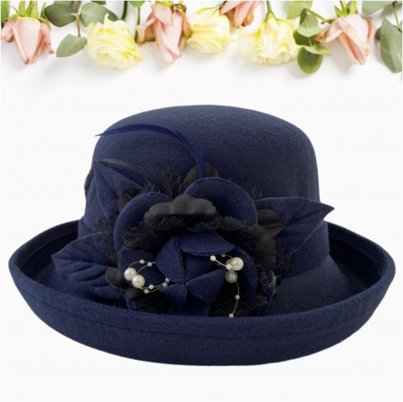 Palarie dama cu boruri elegante si decor luxuriant GLORIOSSA (BLEUMARIN) - marime unica, reglabila [2]