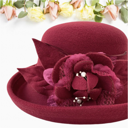 Palarie dama cu boruri elegante si decor luxuriant GLORIOSSA (GRENA) - marime unica, reglabila [3]