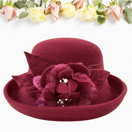 Palarie dama cu boruri elegante si decor luxuriant GLORIOSSA (GRENA) - marime unica, reglabila [2]
