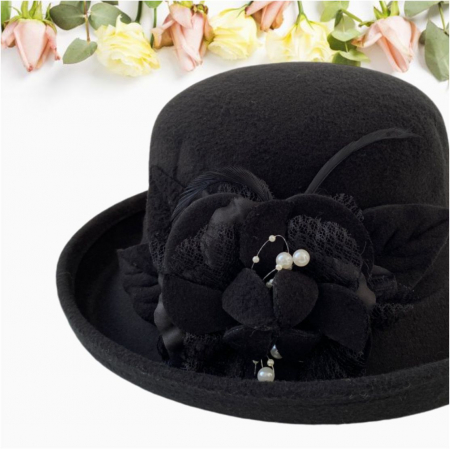 Palarie dama cu boruri mari si elegante si decor luxuriant GLORIOSSA (NEGRU) - marime unica, reglabila [3]