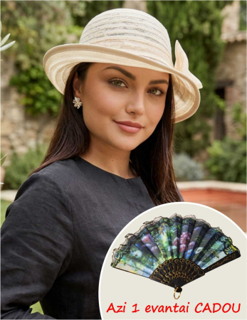 PALARII dama soare - ELIZE si ANTONIA LUX - Palarie dama din organza dantelata cu flori ANTONIA LUX-palarie crem, reglabila