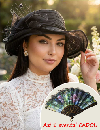 PALARII dama soare - SPLENDOR LUX - Palarie dama organza cu margini dantelate SPLENDOR neagru, reglabila