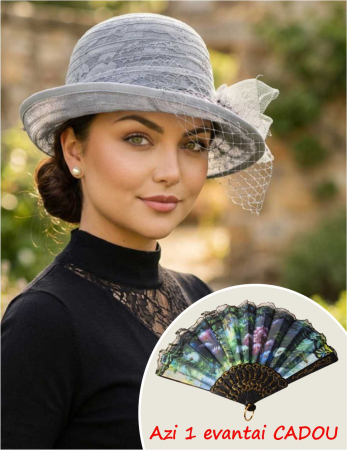PALARII dama soare cu VOALETA - Palarie dama din organza cu voaleta CELESTIA LUX gri, reglabila