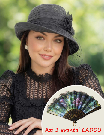 PALARII dama soare cu VOALETA - Palarie dama din organza cu voaleta CELESTIA LUX negru, reglabila