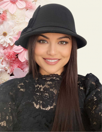 PALARII ELEGANTE - Palarie de dama cu boruri mici si accesoriu floare MISS FLORIA (NEGRU) - marime unica, reglabila
