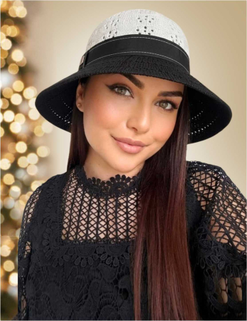 Palarie de soare de lux cu boruri rotunde medii ANASTASIA LADY (NEGRU+ALB) - marime unica, reglabila [1]