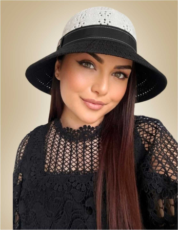 PALARII vara NEGRE - Palarie de soare de lux cu boruri rotunde medii ANASTASIA LADY (NEGRU+ALB) - marime unica, reglabila