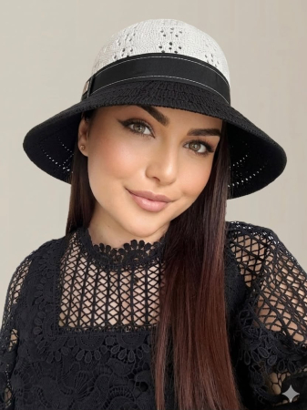 PALARII soare BUMBAC - Palarie de soare de lux cu boruri rotunde medii ANASTASIA LADY (NEGRU+ALB) - marime unica, reglabila