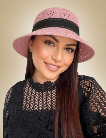 PALARII soare BUMBAC - Palarie de soare de lux cu boruri rotunde medii ANASTASIA LADY (ROZ pudra) - marime unica, reglabila