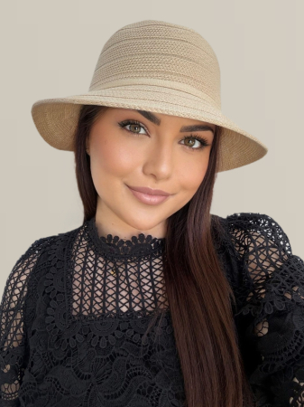 PALARII soare BUMBAC - Palarie de soare de lux cu boruri rotunde mici ANASTASIA LUX (CREM) - marime unica, reglabila