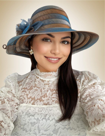 Palarie de soare de lux din organza satinata VENETIA CHIC (BLEUMARIN+ MARO caramiziu) - marime unica, reglabila [1]