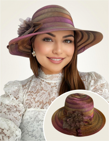 PALARII dama soare - VENETIA CHIC - Palarie de soare de lux din organza satinata VENETIA CHIC (MOV+MARO caramiziu) - marime unica, reglabila