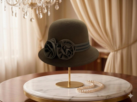 Palarie eleganta cu boruri delicate si decor din satin VALERY (KAKI) - marime unica, reglabila [4]