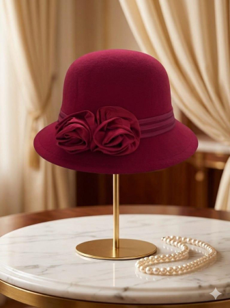 Palarie eleganta cu boruri delicate si decor din satin VALERY (ROSU trandafiriu) - marime unica, reglabila [4]