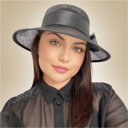 Palarie soare de lux din sisal cu funda din satin AURORA LUX (NEGRU) - marime unica, reglabila [2]