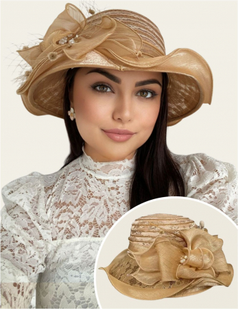 PALARII dama soare - SPLENDOR LUX - Palarie dama organza cu margini dantelate SPLENDOR maro, reglabila