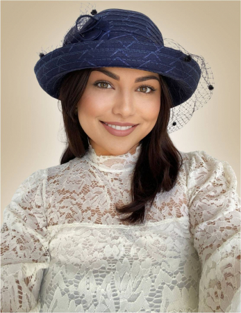 PALARII vara BLEUMARIN si ALBASTRU - Palarie dama din organza cu voaleta CELESTIA CHIC bleumarin, reglabila
