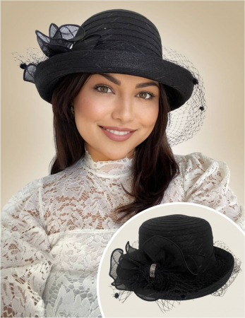 PALARII soare ORGANZA - Palarie dama din organza cu voaleta CELESTIA CHIC neagra, reglabila