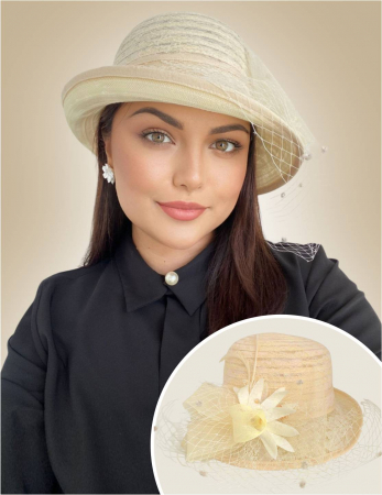 PALARII soare DANTELA - Palarie dama din organza cu voaleta CELESTIA LUX crem, reglabila