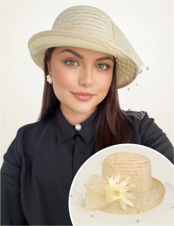 Palarie dama din organza cu voaleta CELESTIA LUX crem, reglabila [1]