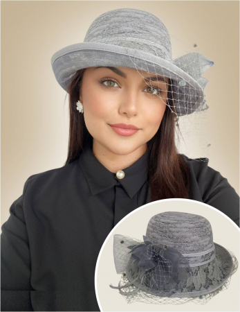 PALARII soare ORGANZA - Palarie dama din organza cu voaleta CELESTIA LUX gri, reglabila