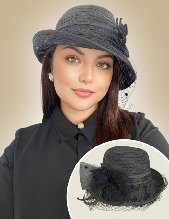 PALARII soare DANTELA - Palarie dama din organza cu voaleta CELESTIA LUX negru, reglabila