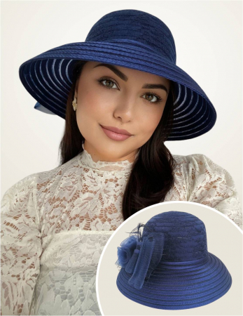 PALARII soare ORGANZA - Palarie dama din organza si dantela AUDREY bleumarin, reglabila
